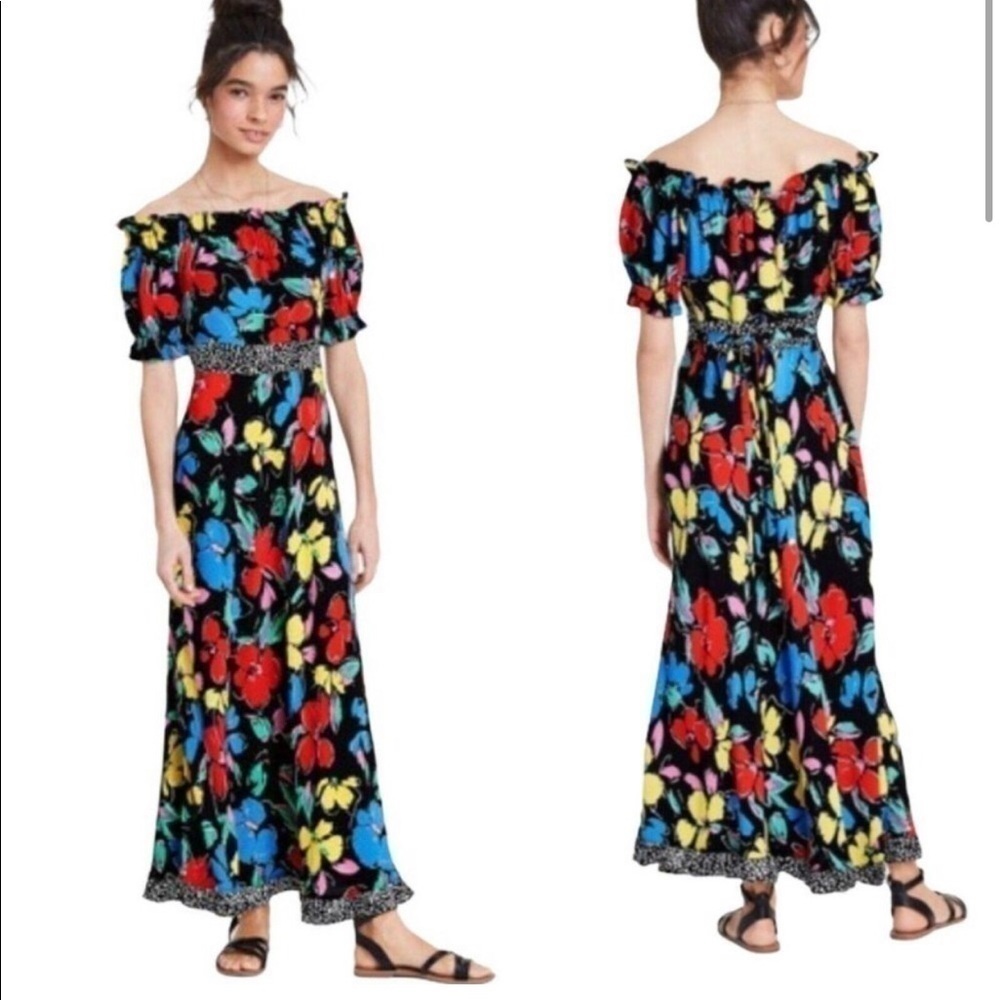 RIXO Floral maxi dress puff sleeve off the shoulders black  summer festival NWT